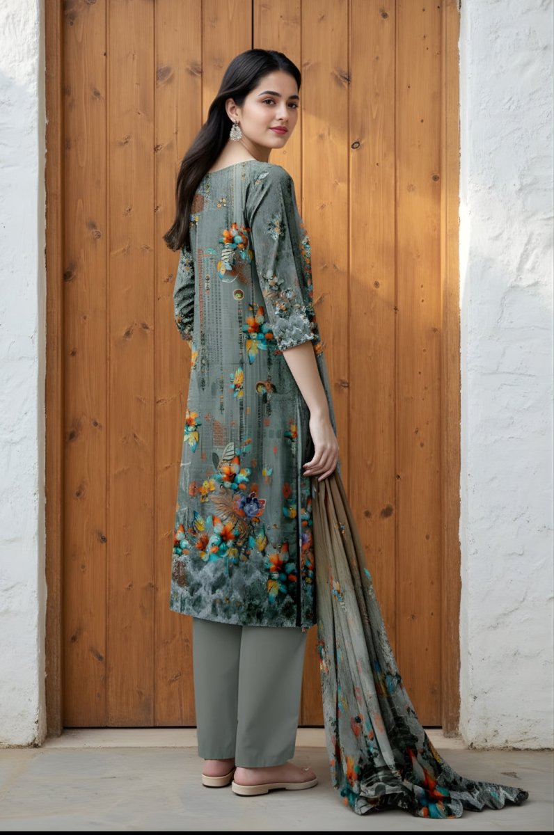 3 Piece Premium Lawn Unstitched Suit With Chiffon Dupatta - 1042