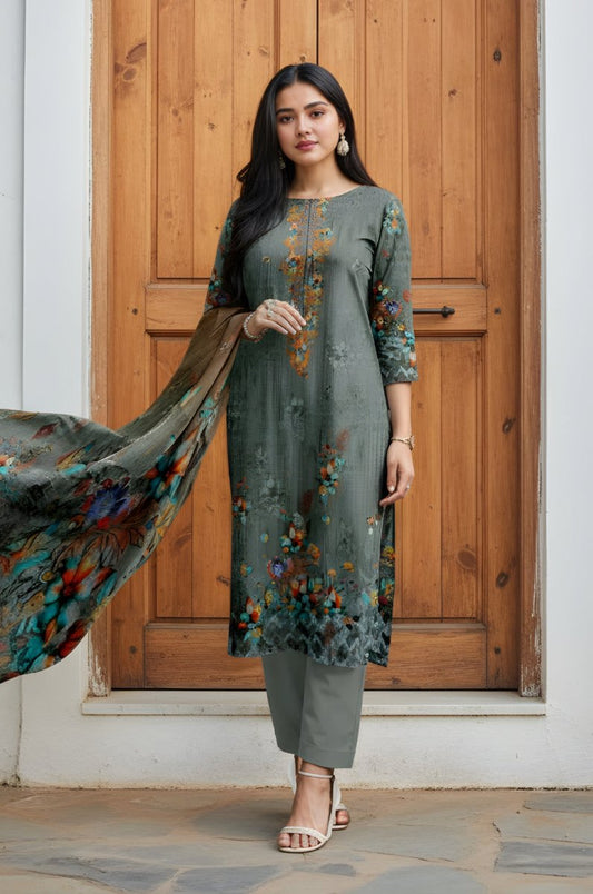 3 Piece Premium Lawn Unstitched Suit With Chiffon Dupatta - 1042