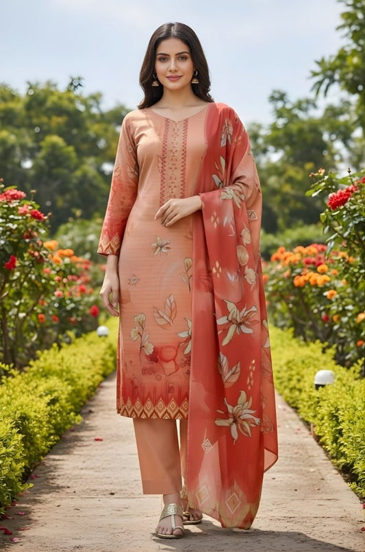 3 Piece Premium Lawn Unstitched Suit With Chiffon Dupatta - 1043