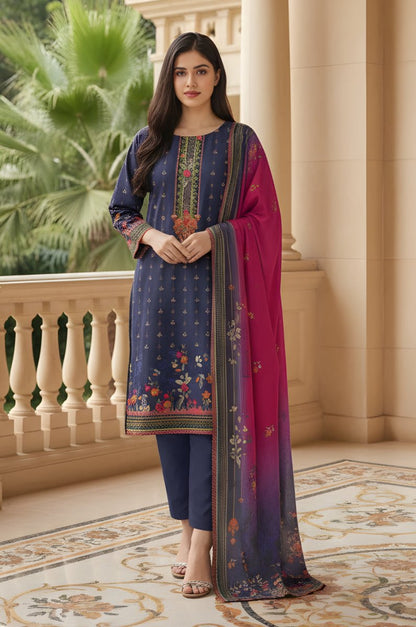 3 Piece Premium Lawn Unstitched Suit With Chiffon Dupatta - 1045