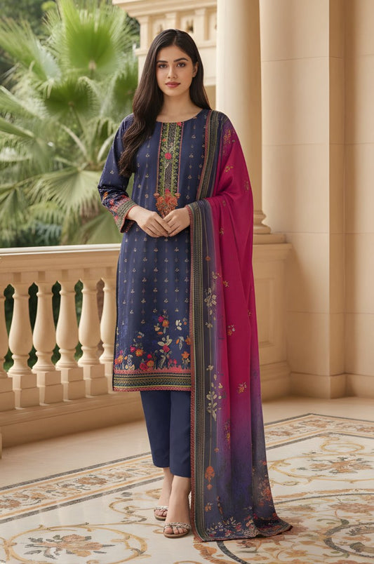 3 Piece Premium Lawn Unstitched Suit With Chiffon Dupatta - 1045