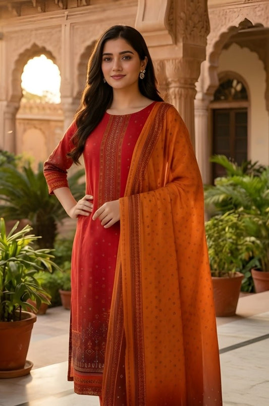 3 Piece Premium Lawn Unstitched Suit With Chiffon Dupatta - 1046