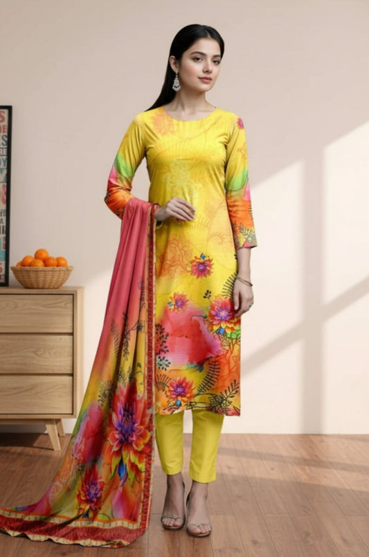 3 Piece Premium Lawn Unstitched Suit With Chiffon Dupatta - 1047