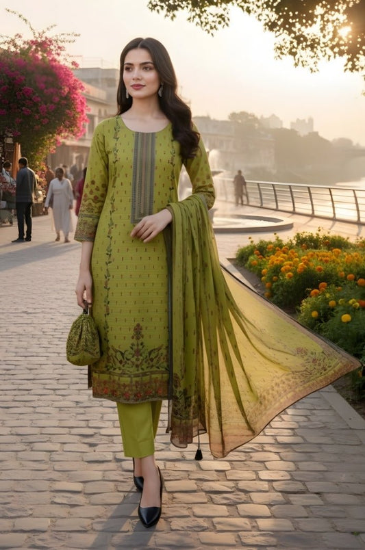 3 Piece Premium Lawn Unstitched Suit With Chiffon Dupatta - 1048