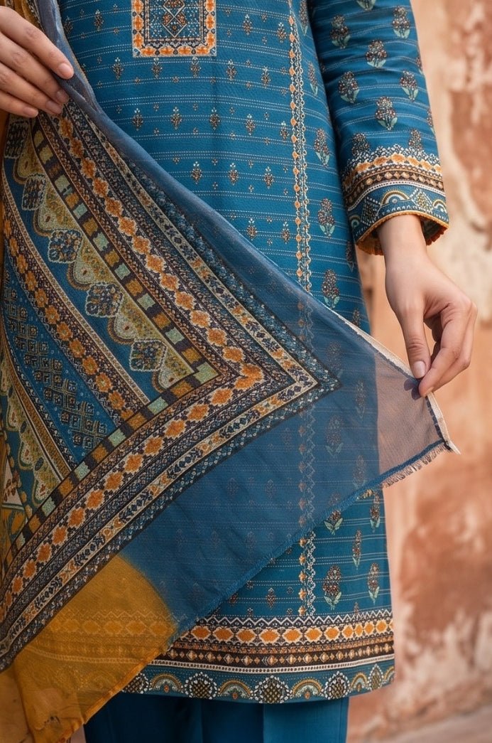 3 Piece Premium Lawn Unstitched Suit With Chiffon Dupatta - 5044