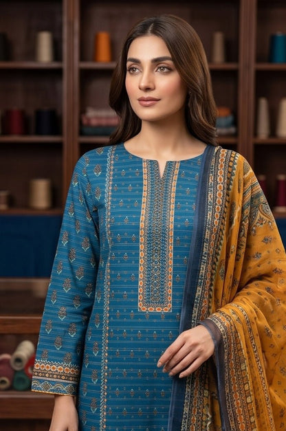 3 Piece Premium Lawn Unstitched Suit With Chiffon Dupatta - 5044