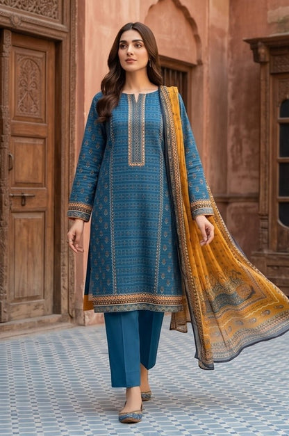 3 Piece Premium Lawn Unstitched Suit With Chiffon Dupatta - 5044