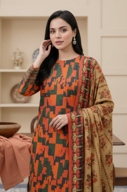 3 Piece Premium Lawn Unstitched Suit With Voile Dupatta - 1030