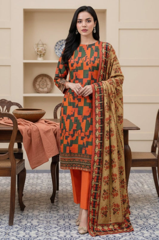 3 Piece Premium Lawn Unstitched Suit With Voile Dupatta - 1030