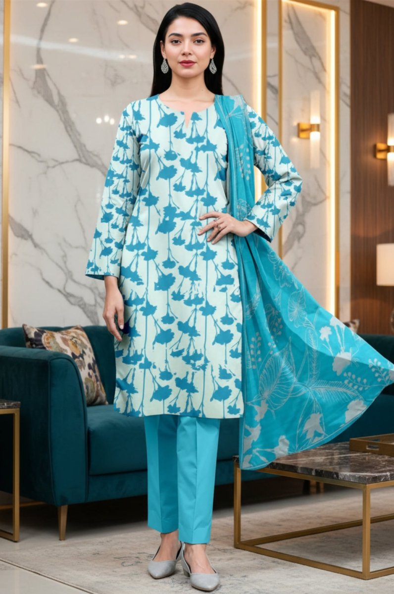 3 Piece Premium Lawn Unstitched Suit With Voile Dupatta  - 1031