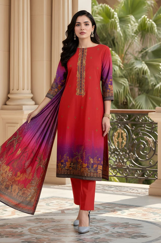 3 Piece Premium Lawn Unstitched Suit With Voile Dupatta - 1032