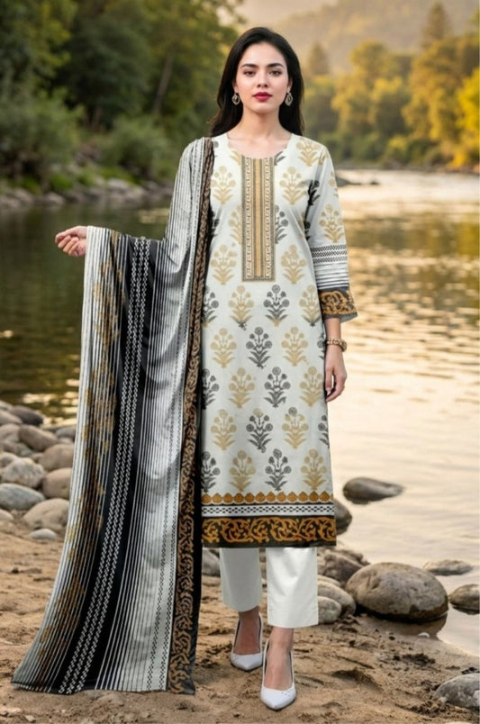 3 Piece Premium Lawn Unstitched Suit With Voile Dupatta - 1033