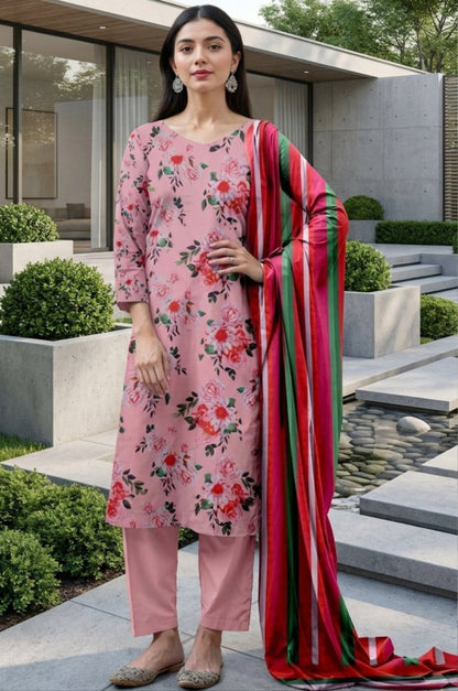 3 Piece Premium Lawn Unstitched Suit With Voile Dupatta - 1034