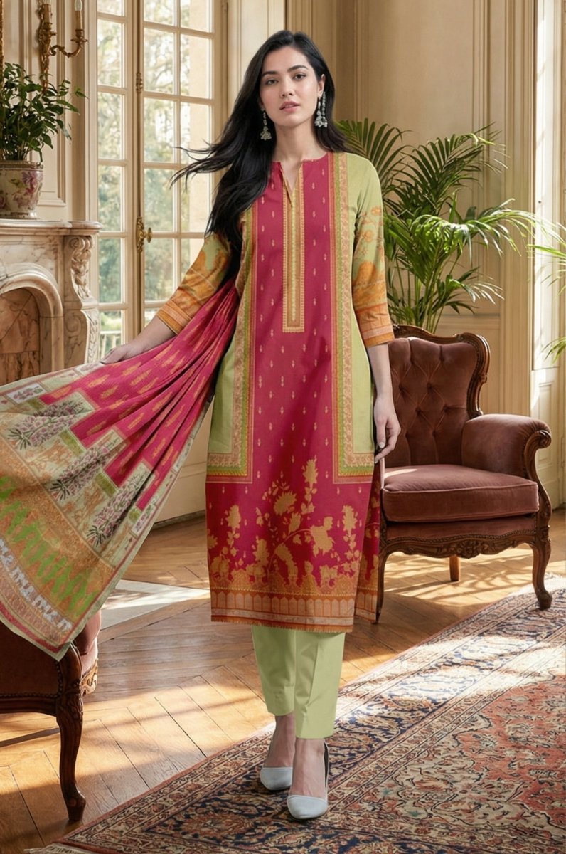 3 Piece Premium Lawn Unstitched Suit With Lawn Dupatta - 1035