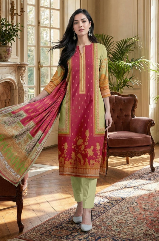 3 Piece Premium Lawn Unstitched Suit With Voile Dupatta - 1035