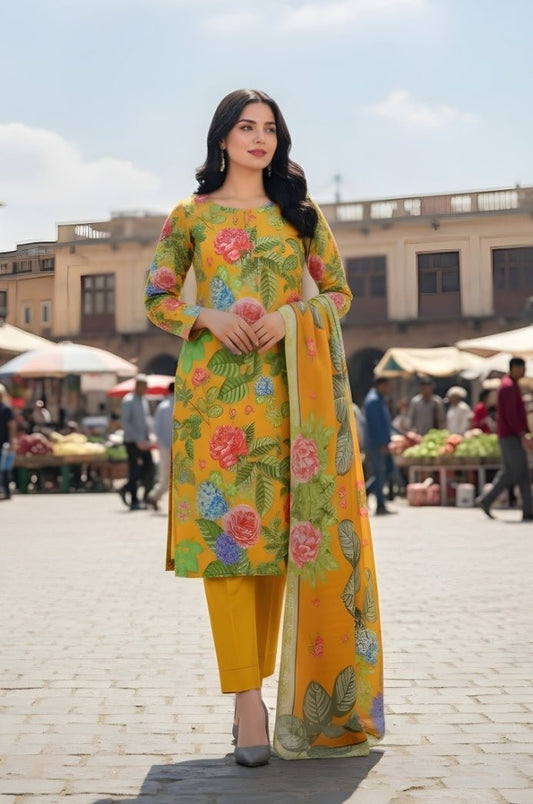 3 Piece Premium Lawn Unstitched Suit With Voile Dupatta - 1036