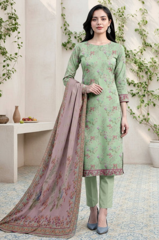 3 Piece Premium Lawn Unstitched Suit With Voile Dupatta - 1037