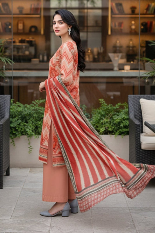 3 Piece Premium Lawn Unstitched Suit With Voile Dupatta - 1039