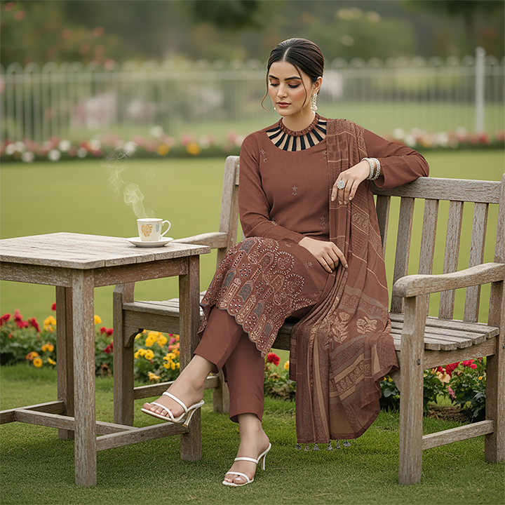 3-Piece Bana Dora Dhanak Embroidery Suit - 1207