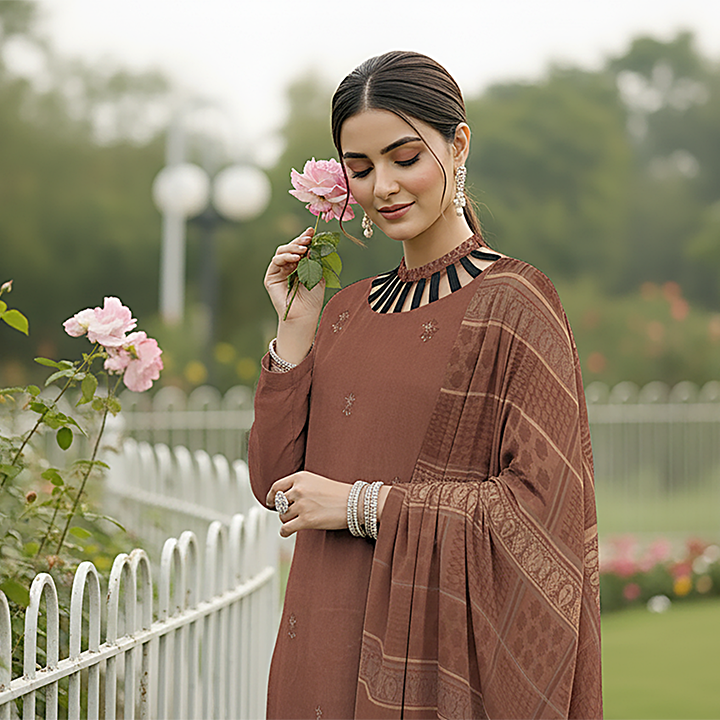 3-Piece Bana Dora Dhanak Embroidery Suit - 1207