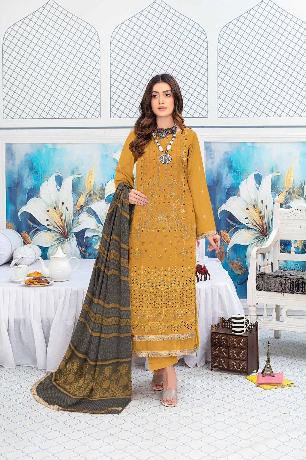3-Piece Bana Dora Dhanak Embroidery Suit - 1302