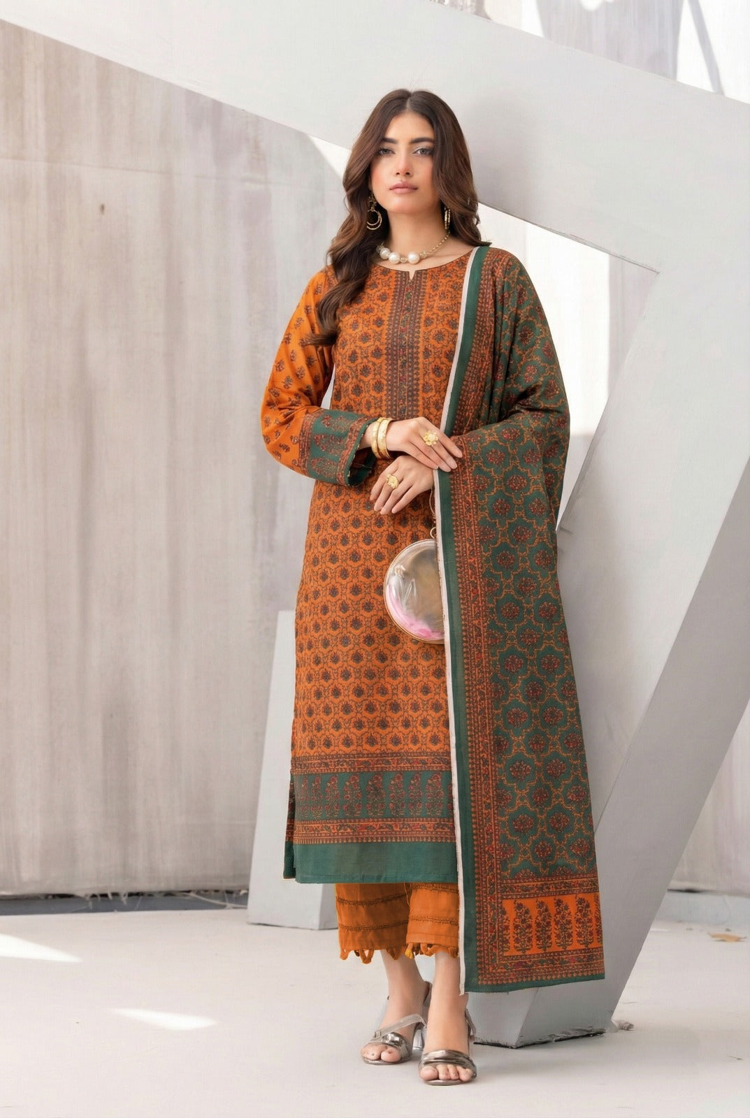 3 Piece Sabeen Premium Khaddar Unstitched Suit - 1323