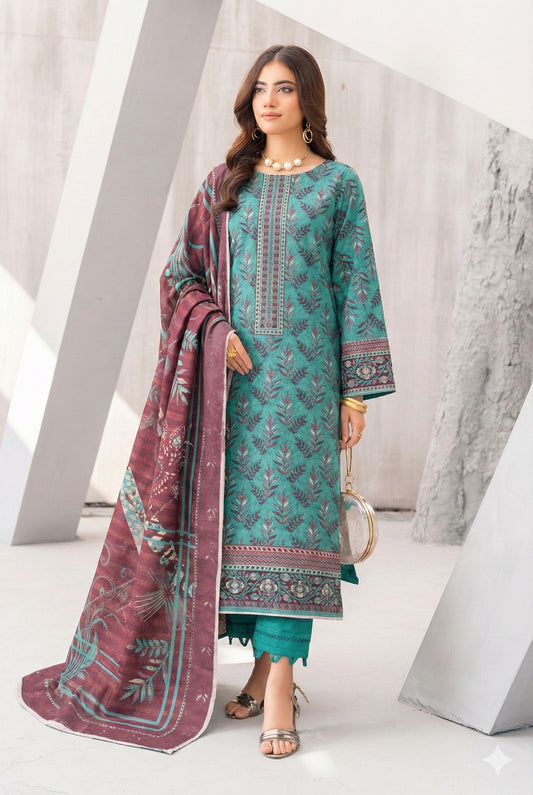 3 Piece Sabeen Premium Khaddar Unstitched Suit - 1327