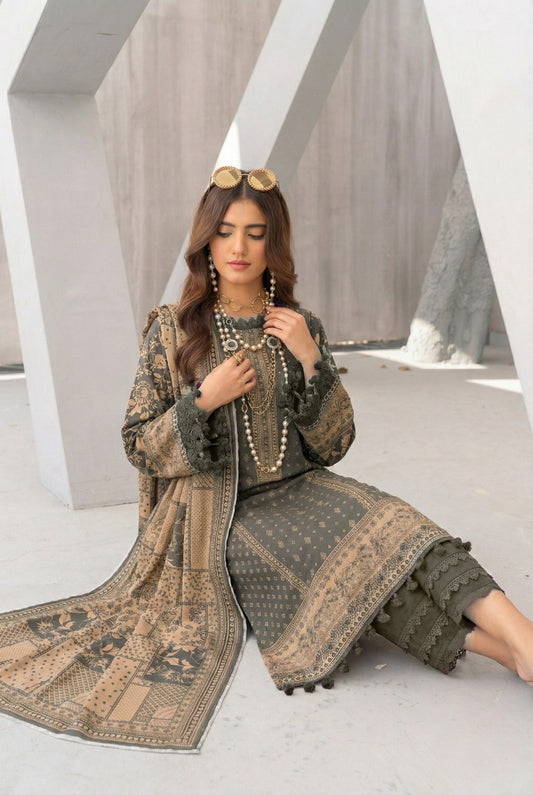 3 Piece Sabeen Premium Khaddar Unstitched Suit - 1329