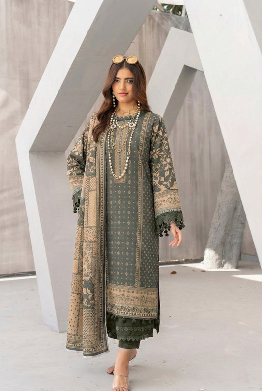 3 Piece Sabeen Premium Khaddar Unstitched Suit - 1329