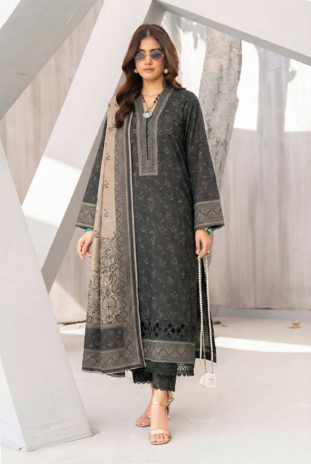 3 Piece Sabeen Premium Khaddar Unstitched Suit - 1332