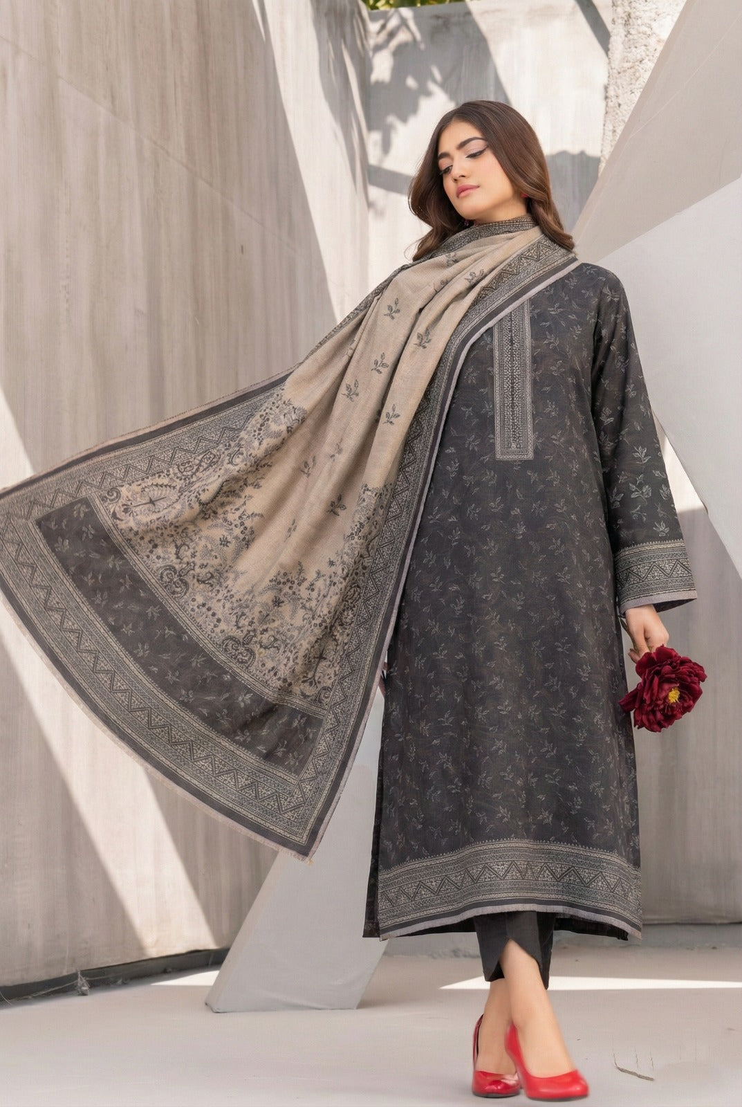 3 Piece Sabeen Premium Khaddar Unstitched Suit - 1332
