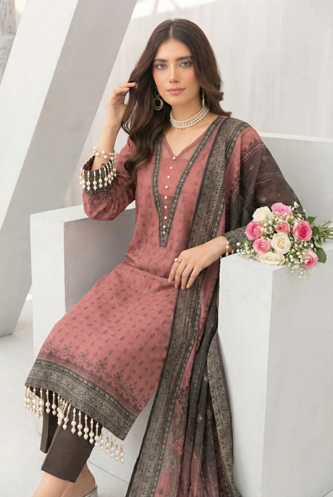 3 Piece Sabeen Premium Khaddar Unstitched Suit - 1334