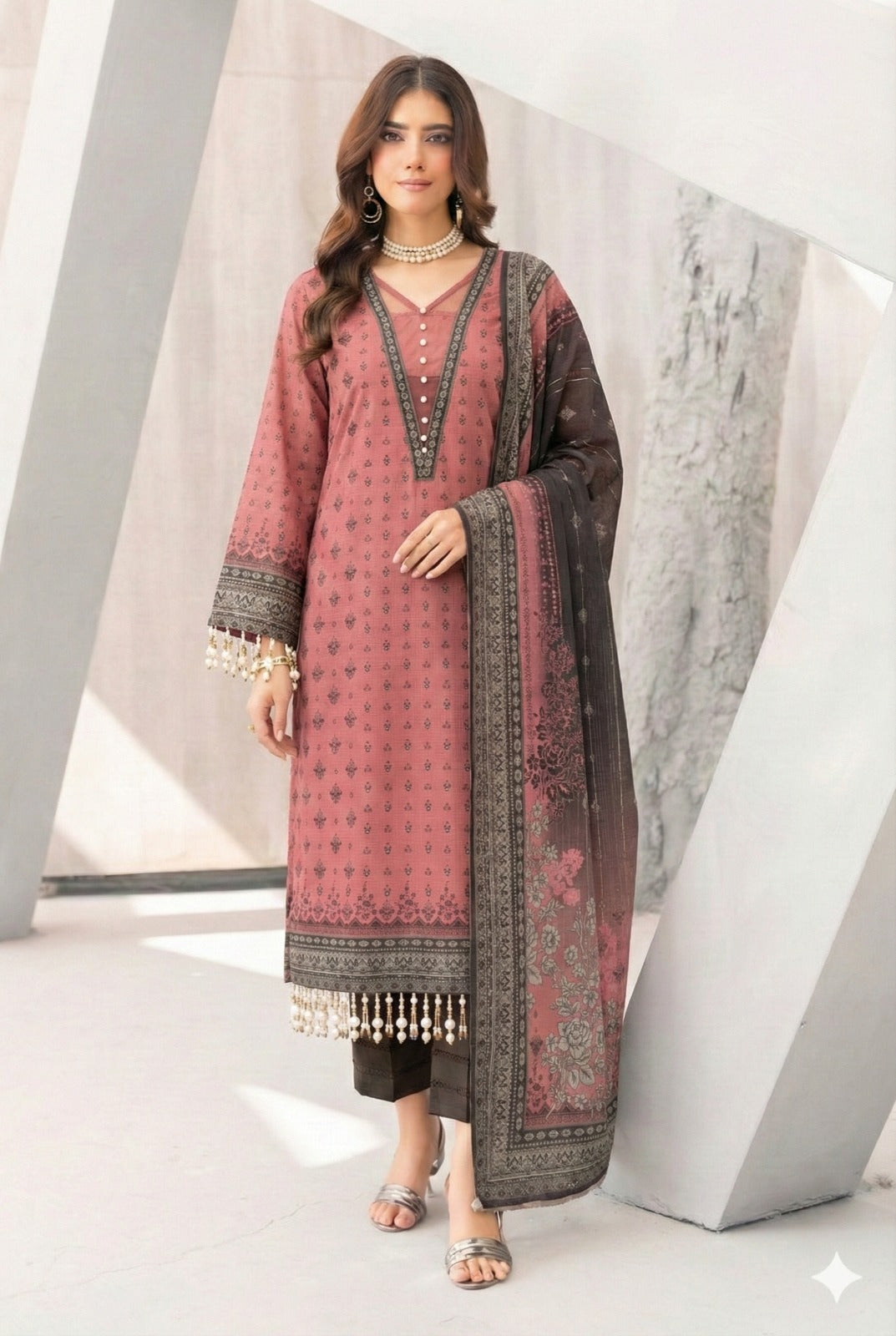 3 Piece Sabeen Premium Khaddar Unstitched Suit - 1334