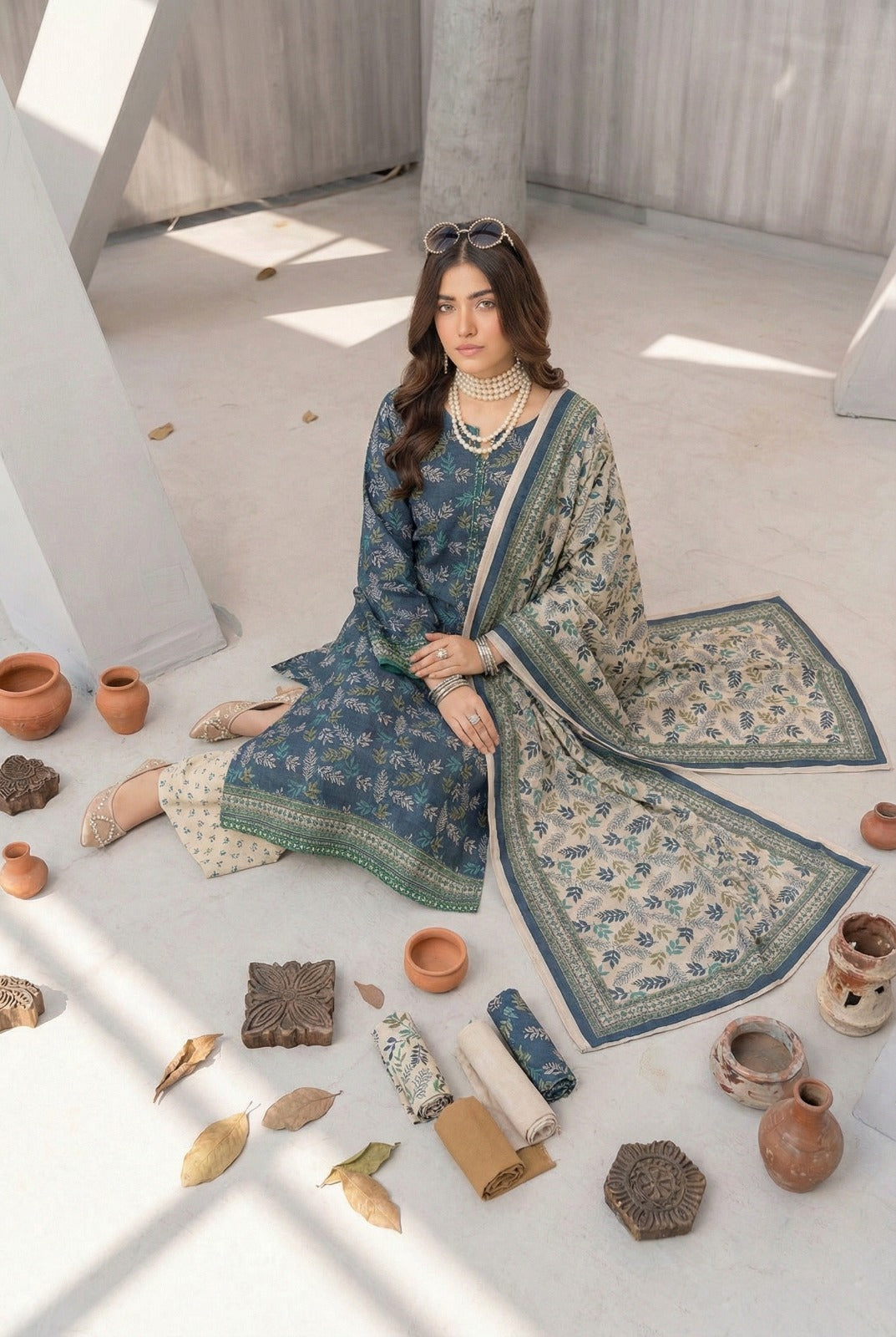 3 Piece Sabeen Premium Khaddar Unstitched Suit - 1335