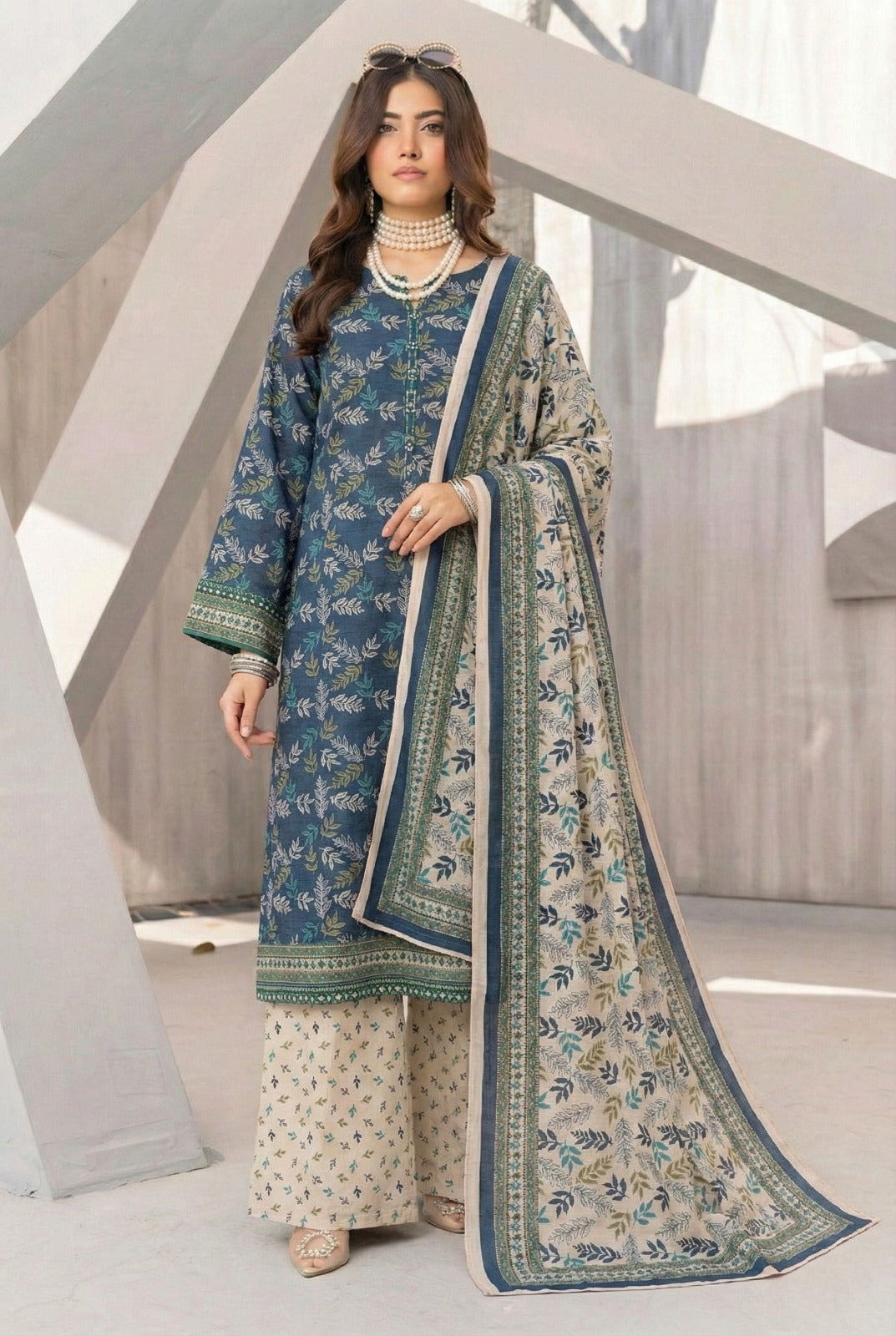 3 Piece Sabeen Premium Khaddar Unstitched Suit - 1335