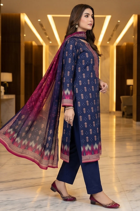 3 Piece Lawn Unstitched Suit With Voile Lawn Dupatta - 5024