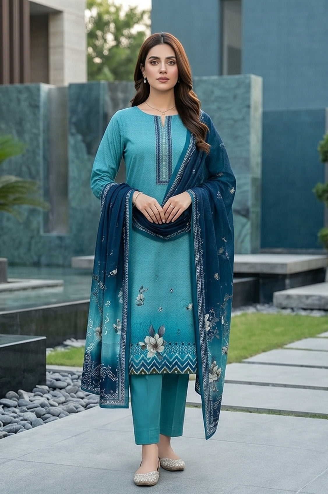 3 Piece Doriya Lawn Unstitched Suit With Voile Lawn Dupatta - 5022