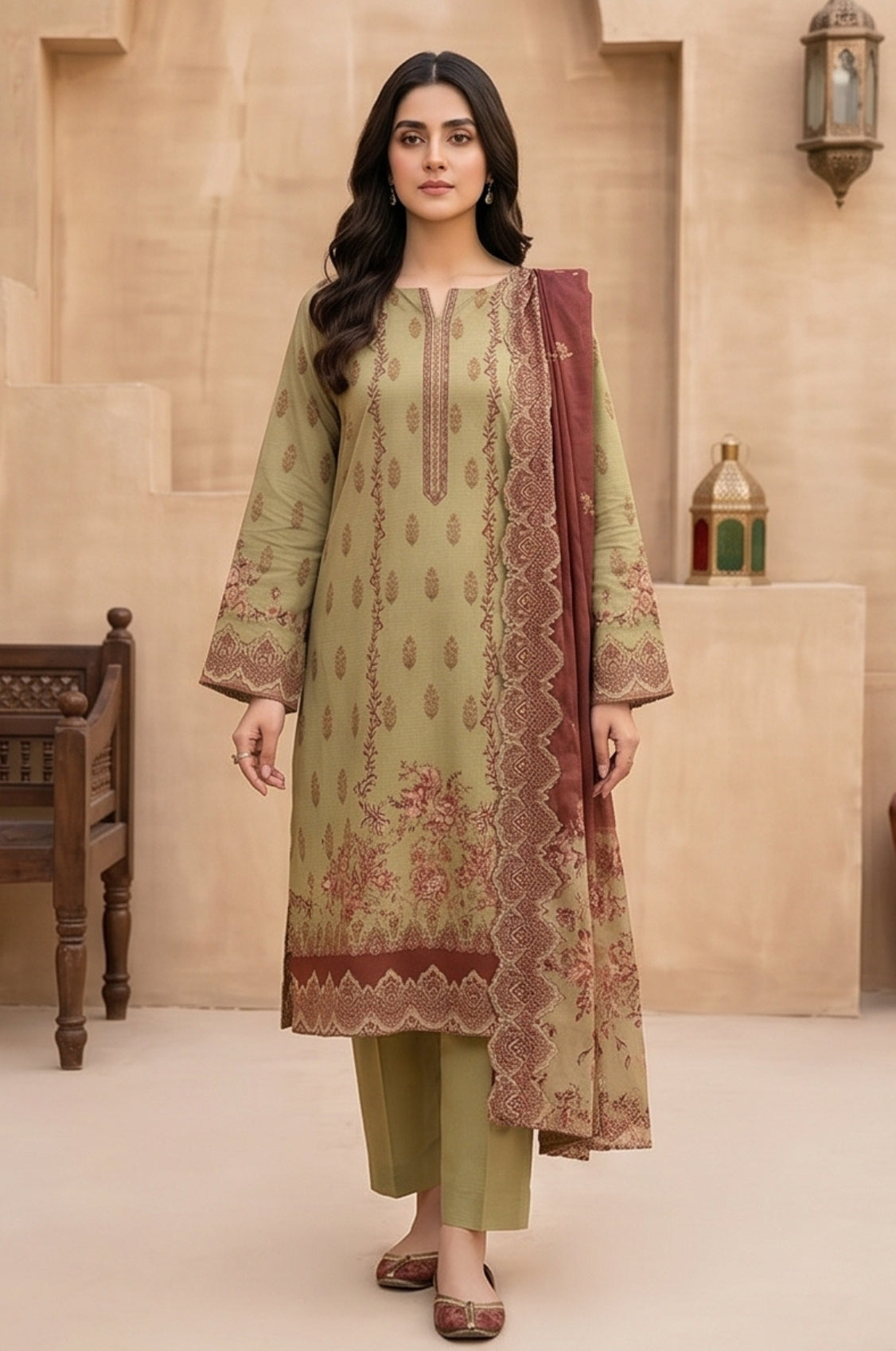 3 Piece Lawn Unstitched Suit With Voile Lawn Dupatta - 5027